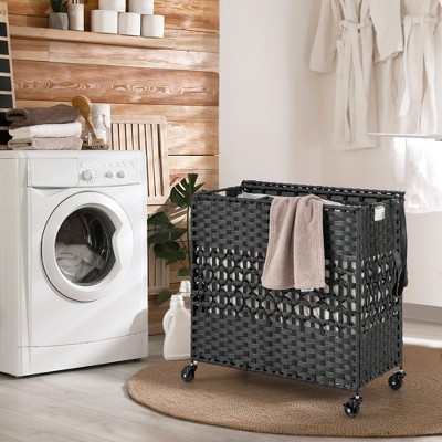 110L Slim Double Laundry Hamper With Lid & Wheels - 2 Section Rolling Dirty Clothes Basket With Removable Mesh Bags
