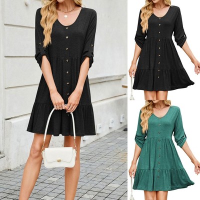 Coolmee Women Casual V-Neck Long Sleeve Single-Breasted Multi-Button Loose Swing Down Mini Dress