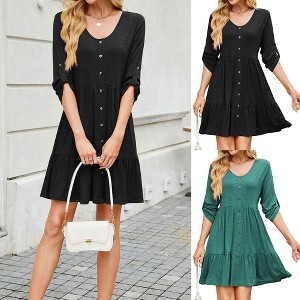 Coolmee Women Casual V-Neck Long Sleeve Single-Breasted Multi-Button Loose Swing Down Mini Dress - 1 of 4