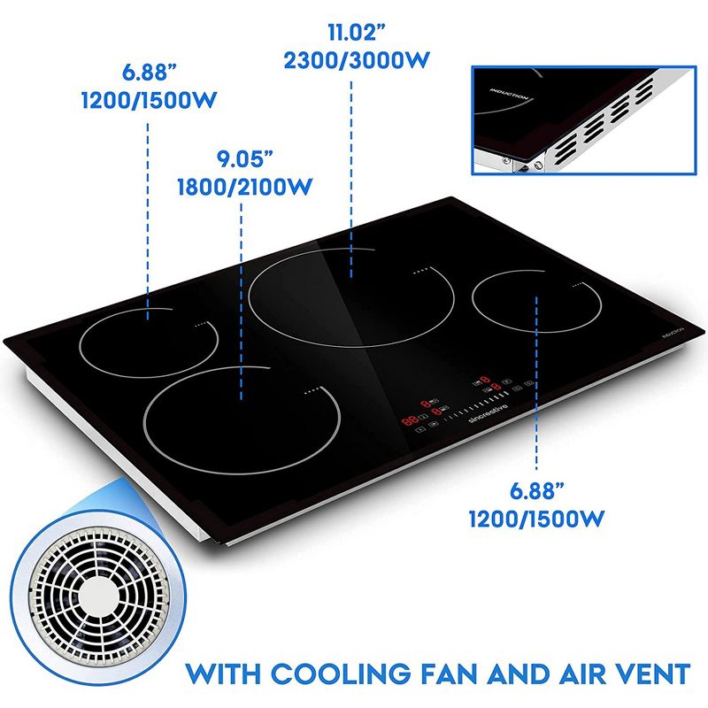 Sincreative UI72358 30 Inch 240V Electric Induction Ceramic Glass Cooktop, 4 Burners w/ 9 Heat Levels, Timer, & Safety Lock, ETL & FFC Certified, 3 of 6