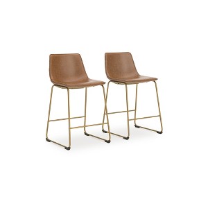 Signature Design by Ashley Lexadine Counter Height Bar Stools, Set of 2 – Upholstered Faux Leather, Brown/Gold Finish, Modern Bucket Seat - 1 of 4