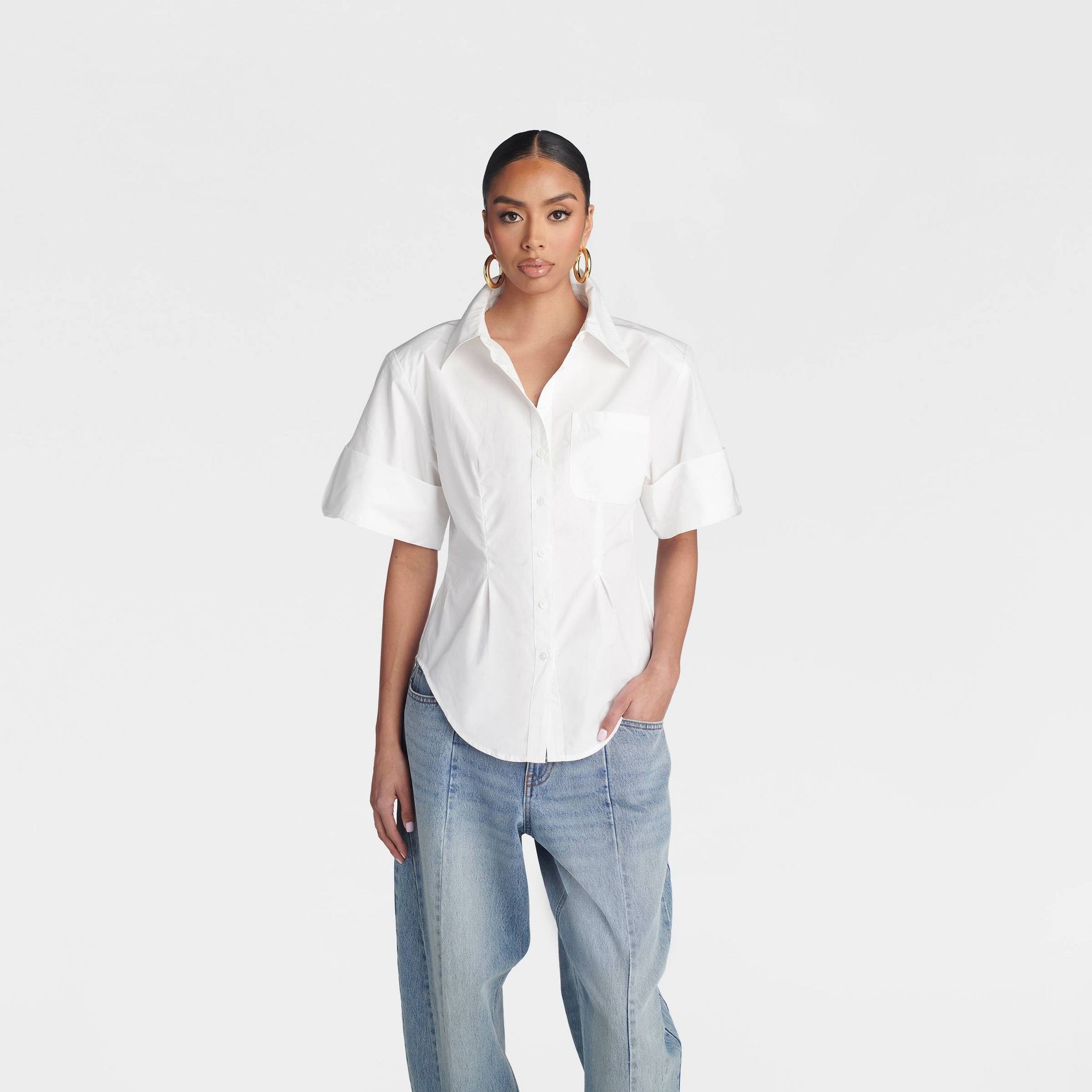 KBB by KAHLANA Women's Short Sleeve' The Hourglass Button-Down Shirt' - White