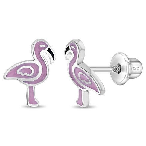 Girls' Fancy Pink Flamingo Screw Back Sterling Silver Earrings - In ...