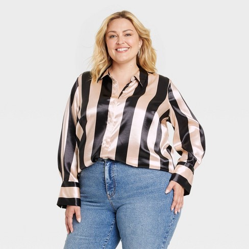 Women's Long Sleeve Satin Button-down Shirt - Ava & Viv™ Black Striped 2x :  Target