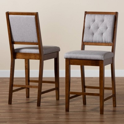 Elegant Grey Fabric and Walnut Brown Wood Counter Stool Set