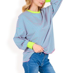 Anna-Kaci Women's Striped Long Sleeve Oversized Pullover Top with Ribbed Crew Neck - 1 of 4