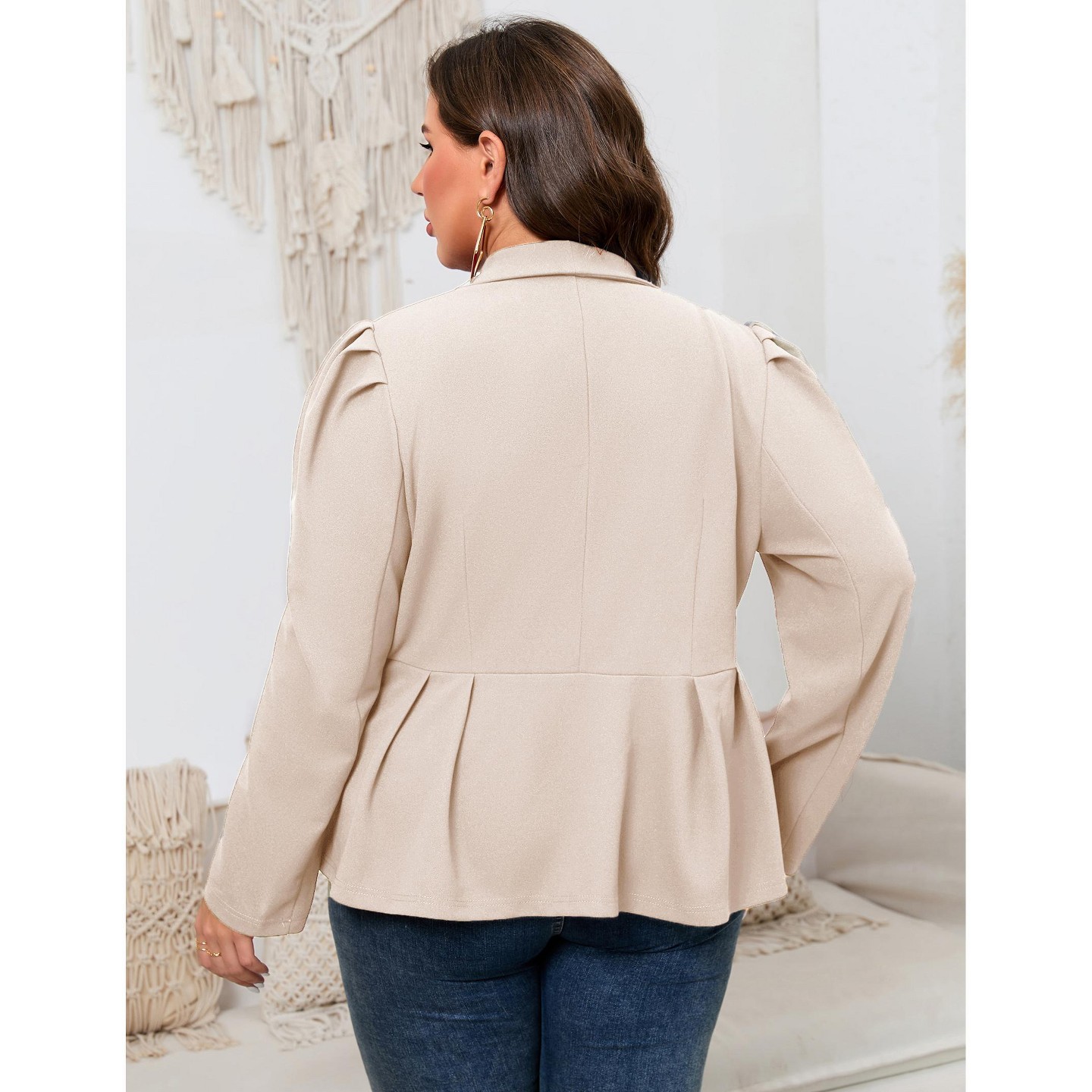 Женская куртка YesFashion Plus Size Peplum Blazer Jacket, Double Breasted Puff Shoulder Lapel Suit Coat, Curvy Fit Office Casual Outerwear Beige, цвет: Бежевый — фото 3