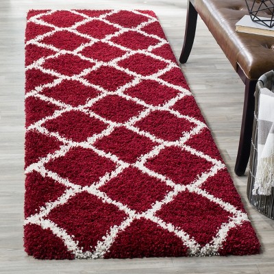 Red and Ivory High Pile Shag Runner Rug