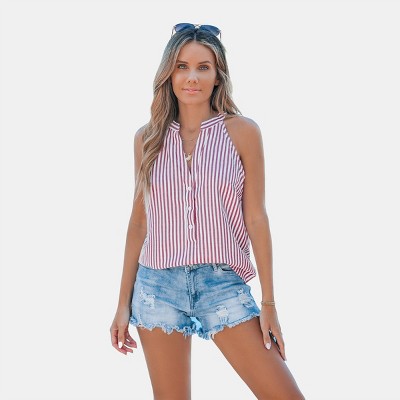 Women's Striped V-Neck Buttoned Top - Cupshe