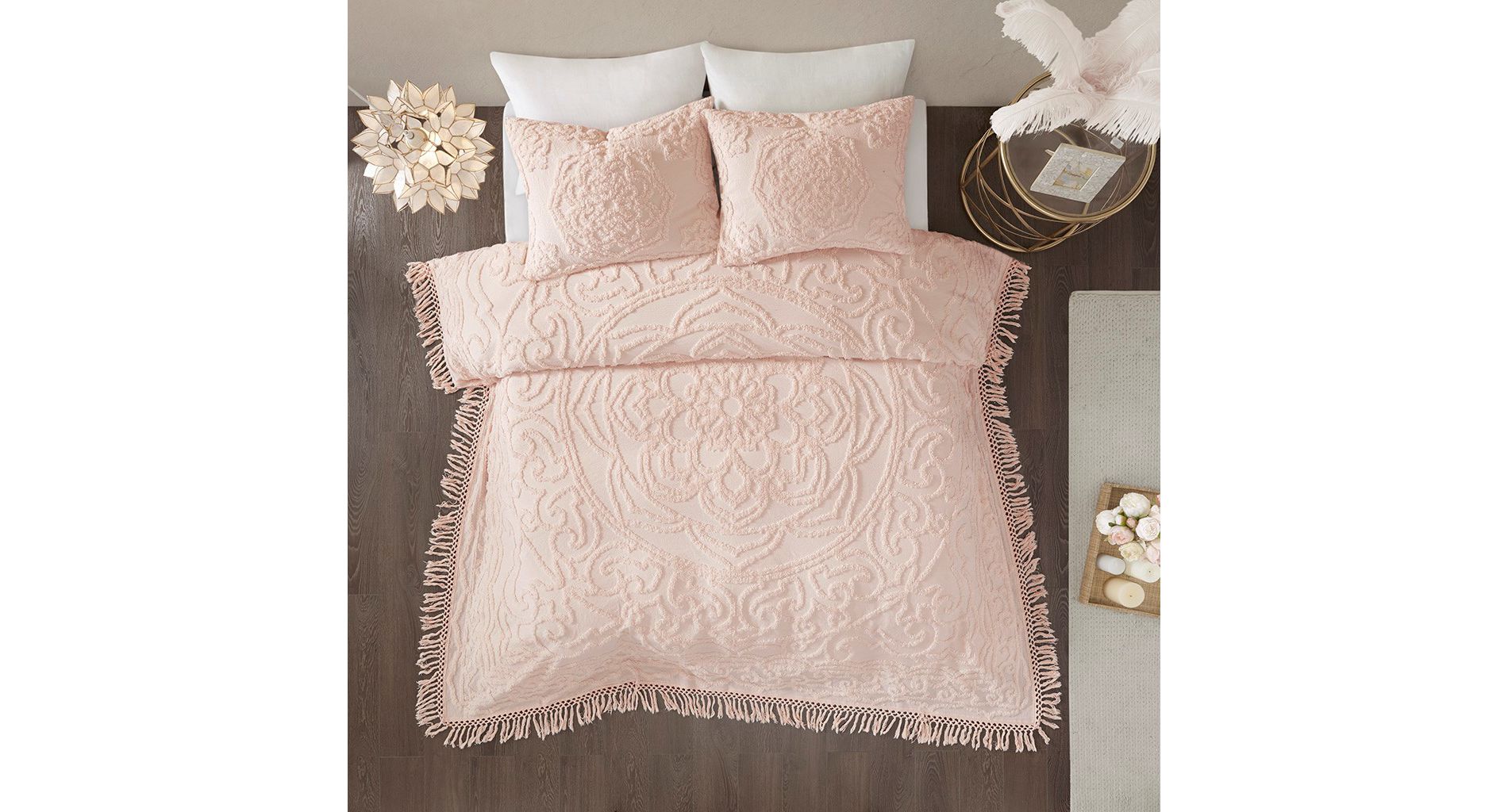 Racxily Tufted Cotton Chenille Coverlet Set, Medallion Fringe Design