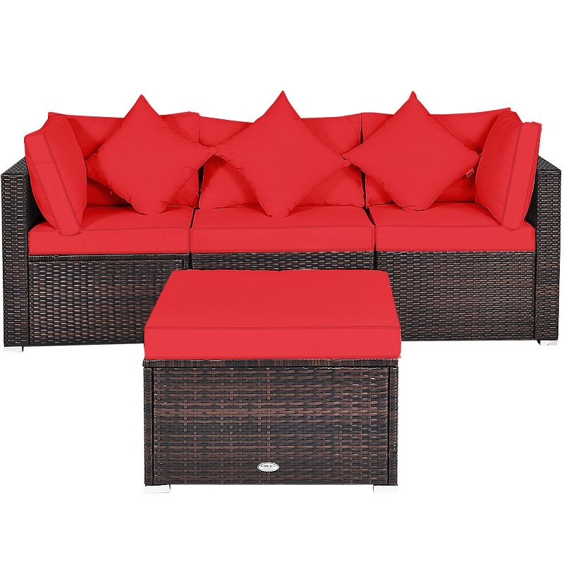 Tangkula 4-Piece Outdoor Rattan Sofa Set Sectional Conversation Couch Ottoman Turquoise/Red, 5 of 7
