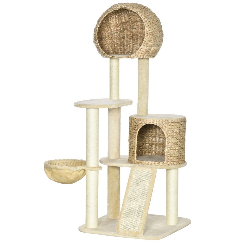 PawHut 59 Inch Cat Tree for Indoor Cats, Cat Tower with Cat Condo, Hammock, Perches, Scratching Posts, Ramp for Large Cats, Beige, 4 of 7
