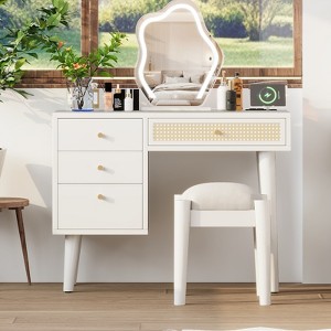 Makeup Vanity Set, with Charging Plug & USB Port and Stool, Dressing Table with 3 Storage Drawers and 1 Rectangular Rattan Drawer - 1 of 4