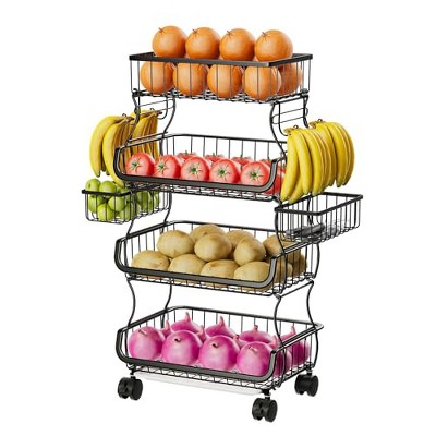 Simple Trending 4 Tier Rolling Cart, Stackable Fruit Vegetable Basket with Wheels and 2 Hanging Basket,Black