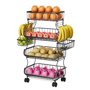 Simple Trending 4 Tier Rolling Cart, Stackable Fruit Vegetable Basket with Wheels and 2 Hanging Basket,Black - 1 of 4