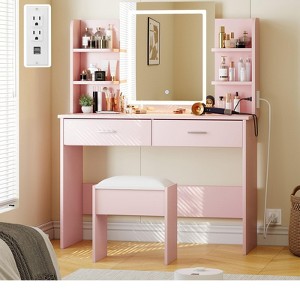 Vanity Desk with Mirror and Lights, Makeup Vanity Set w/Desk and Stool, Power Outlet, Makeup Vanity Desk with 6 Storage Shelves, 2 Large Drawers - 1 of 4