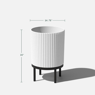 White and Black Concrete-Composite Planter with Acacia Stand, 16" - Set of 2