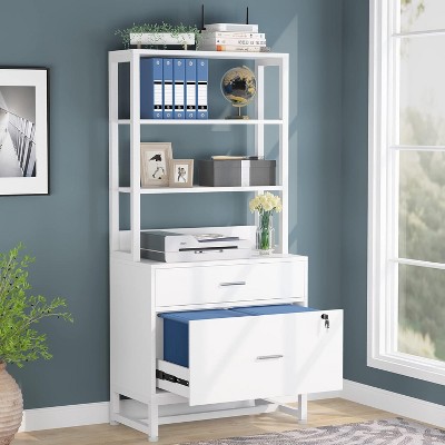 White Vertical 2 Drawer File Cabinet with Lock and Open Shelves