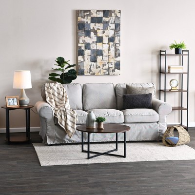Mid-Century Walnut and Black Metal Round Coffee Table with Scratch-Resistant Top