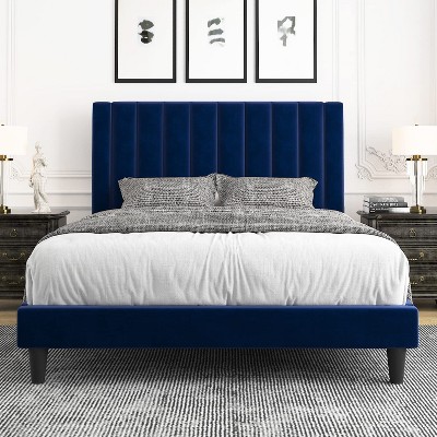 Allewie Bed Platform Frame/Velvet Upholstered Bed Frame with Vertical Channel Tufted Headboard/Strong Wooden Slats/Box Spring Optional