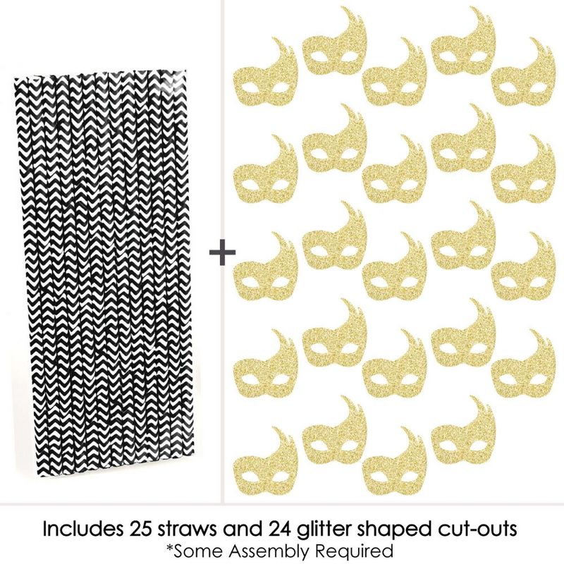Big Dot of Happiness Gold Glitter Masks Party Straws - No-Mess Real Glitter Cut-Outs & Decorative Masquerade Mardi Gras Party Paper Straws - Set of 24, 5 of 8