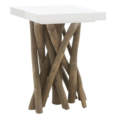 Transitional Hartwick 15'' White Square Side Table with Reclaimed Teak Legs