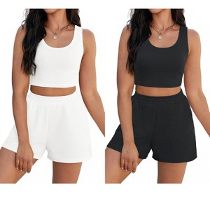 ATHLECHIC Women's Ribbed Knit Crop Tank Tops Short Sets with Pockets Travel Outfits 2 Pcs - 1 of 4