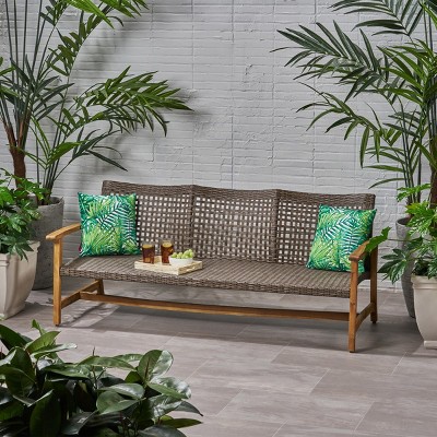 3-Person Outdoor Wicker Woven Patio Sofa,Lounge Sofa with Slatted Acacia Wood Arms,Modern Wooden Sofa for Deck or Backyard-Coolbibila