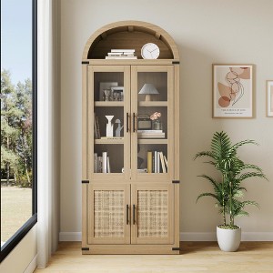 Modern Farmhouse Arched Pantry Cabinet, 71" Tall Freestanding Wood Storage, 2 Glass & 2 Wooden Doors, 6 Tier Bookshelves, Black Outside & Original - 1 of 4