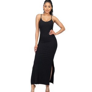 Slickblue Ribbed Knit Long Cami Dress with Side Slits, Womens Summer Chic Outfit, Weekend Trips, Black, Size L