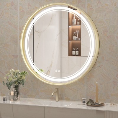 Keonjinn Metal Framed LED Round Frontlit Bathroom Vanity Wall Mirror, 3 Color Temperatures Dimmable, Anti-Fog
