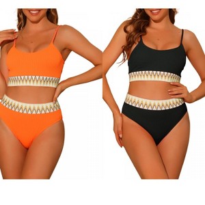 Elerevyo Women's High Waisted Ribbed Adjustable Spaghetti Straps Push Up Swimsuit Bathing Suits 2 Sets - 1 of 4