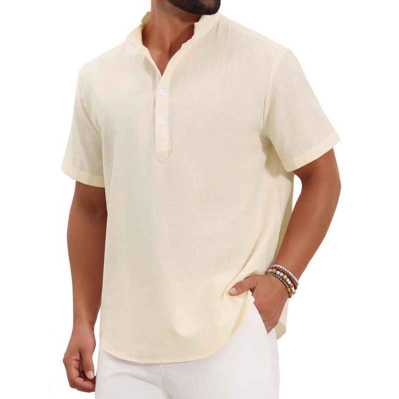INSPIRE CHIC Men's Henley Solid Color Stand Collar Short Sleeve Linen Shirts Small Beige