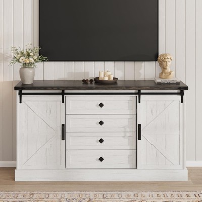 Farmhouse TV Stand for Living Room, 45" Wood Console Table with Sliding Barn Doors, 4 Large Drawers, Bar Handles, Entertainment Center for Bedroom