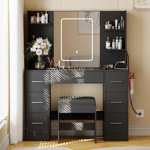 Vanity Desk with Mirror, Led Lights, Power Outlet and Stool, Makeup Vanity Table with 7 Drawers and 6 Storage Shelves - 1 of 4
