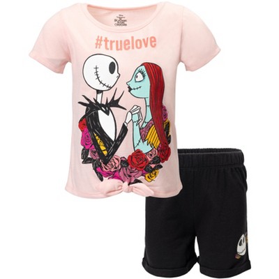 Image of Disney Nightmare Before Christmas Toddler Girls Knotted Graphic T-Shirt French Terry Shorts Set Black / Pink 2T