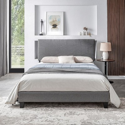 Queen Size Wood Bed Frame, Linen Upholstered Platform Bed Frame, Wood Slat Support Bed With Headboard