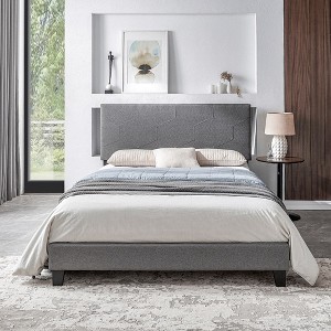 Queen Size Wood Bed Frame, Linen Upholstered Platform Bed Frame, Wood Slat Support Bed With Headboard - 1 of 4