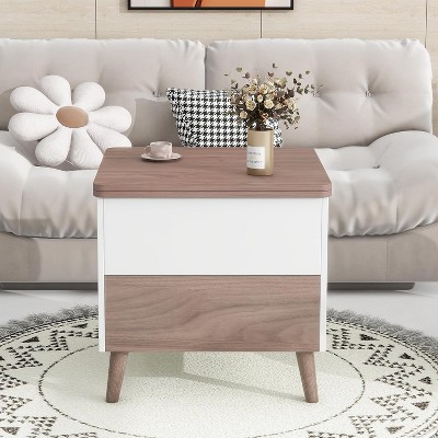 Modern Multi-Functional Coffee Table with Storage Drawers Hidden Compartment Tea Table for Living Room Reception Room White+Walnut