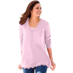 Woman Within Plus Size Layered-Look Lace Trim Tee - 1 of 4