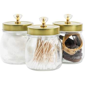 Farmlyn Creek 3 Pack Glass Vanity Canisters with Gold Lids, Mason Jar Bathroom Set