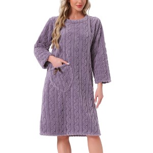 INSPIRE CHIC Women's Flannel Sleep One-Piece Dress Fuzzy Round Neck Soft Nightgowns with Pocket - 1 of 4