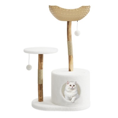 Real Wood Modern Cat Tree Tower, Cat Scratching Post w/Bed for Indoor Cats w/Natural Wicker Condo,Aesthetic Tree Stand,Boho Pet Furniture
