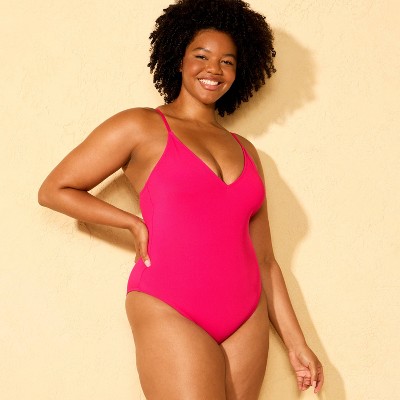 Shade & Shore Women's Long Torso Ribbed Plunge Neck Cheeky Coverage Plunge One Piece Swimsuit - Shade & Shore™ Pink L — фото 4