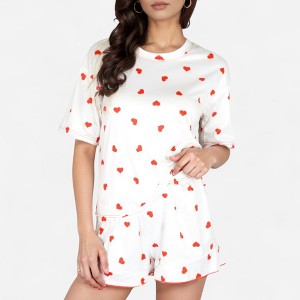 Anna-Kaci Lounge Women's Heart Print Satin Pajama Set with Short Sleeve Crew Neck Top and Ruffle Trim Lounge Shorts - 1 of 4