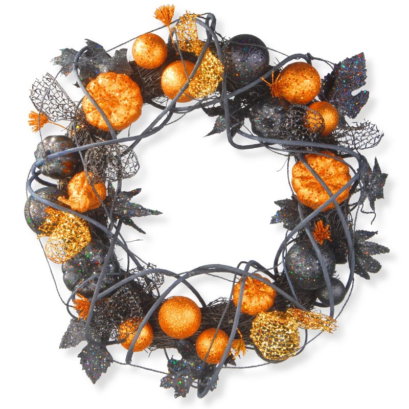National Tree Company Artificial Halloween Wreath, Decorated with Multicolored Pumpkins, Gourds, Ball Ornaments, Ribbons, Vines, Assorted Leaves 20in, 1 of 5