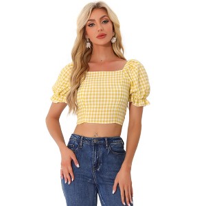 Allegra K Women's Bubble Sleeve Peasant Gingham Plaid Smocked Crop Top - 1 of 4