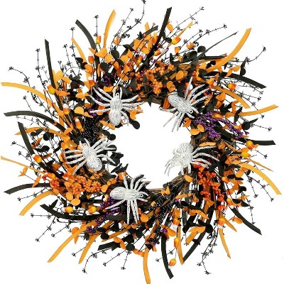 Luupatchy 23in Artificial Spider and Black & Orange Leaves Halloween Wreath for Door, Home, Wall, Halloween, Christmas Decor