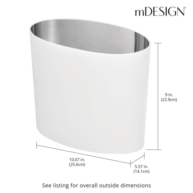mDesign Metal Oval Small 1.8 Gallon Trash Can for Bathroom - White, 3 of 4