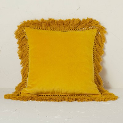 Square Velvet Fringe Decorative Throw Pillow Gold - Opalhouse™ designed with Jungalow™: Cotton Texture, Indoor Use, No Warranty